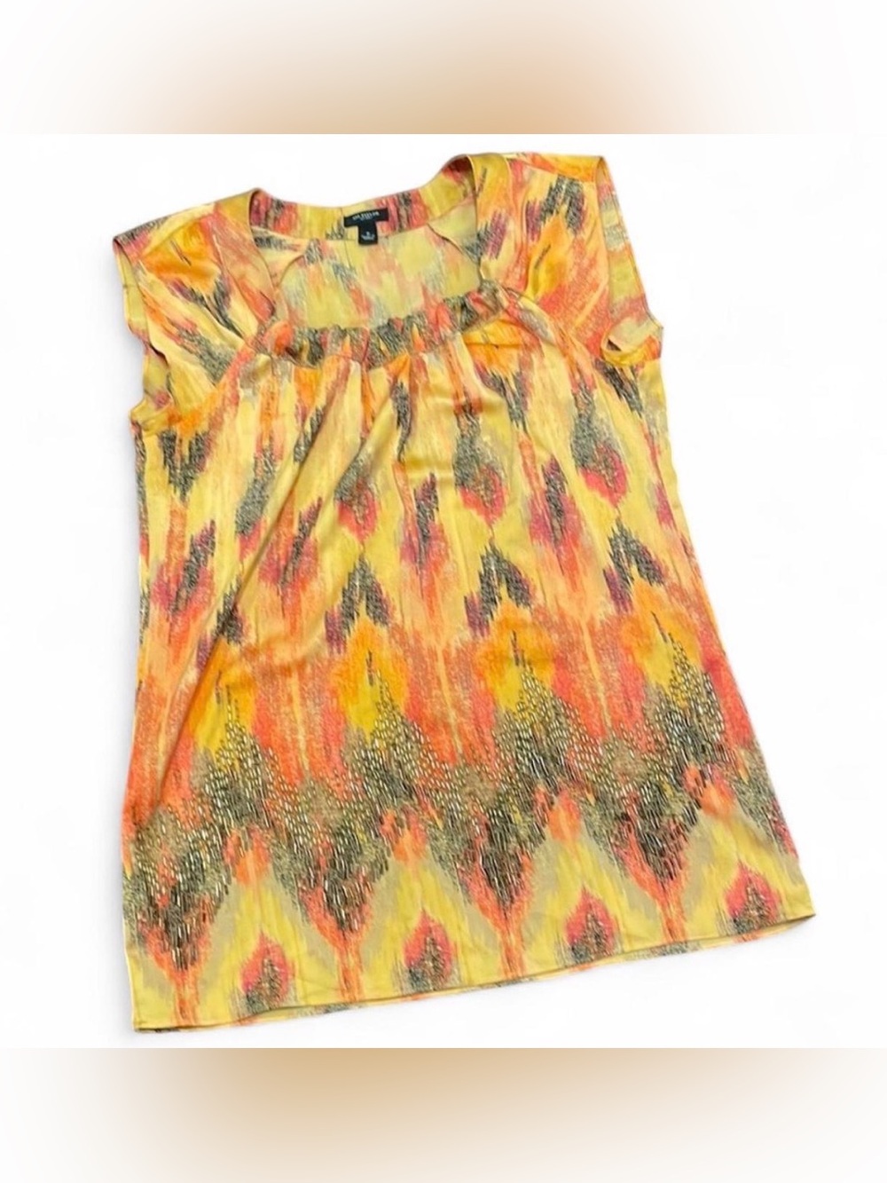 Ann Taylor Orange Yellow Beaded Ikat Print Blouse